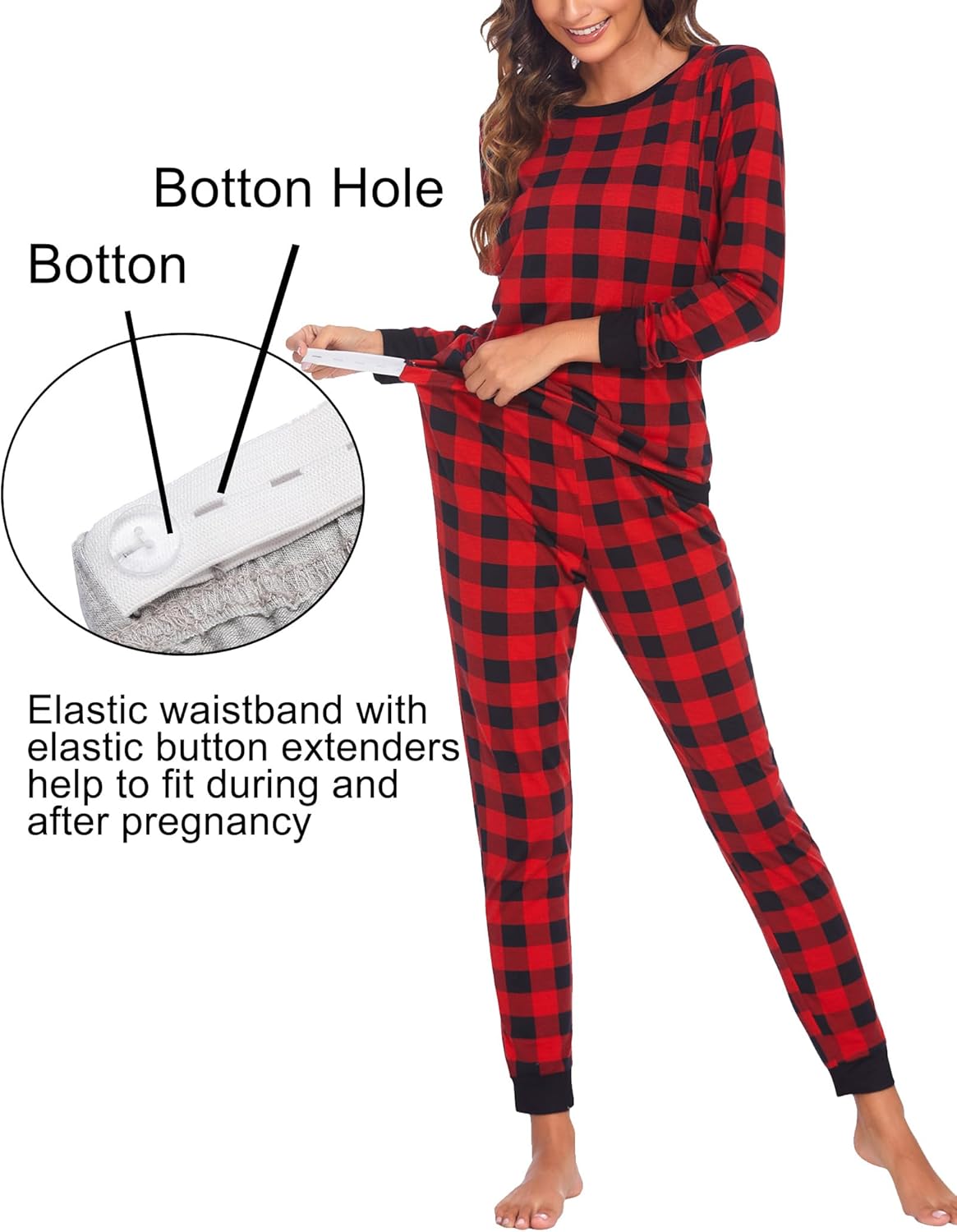 Red buffalo-plaid maternity pajama set with elastic waistband and button extender detail