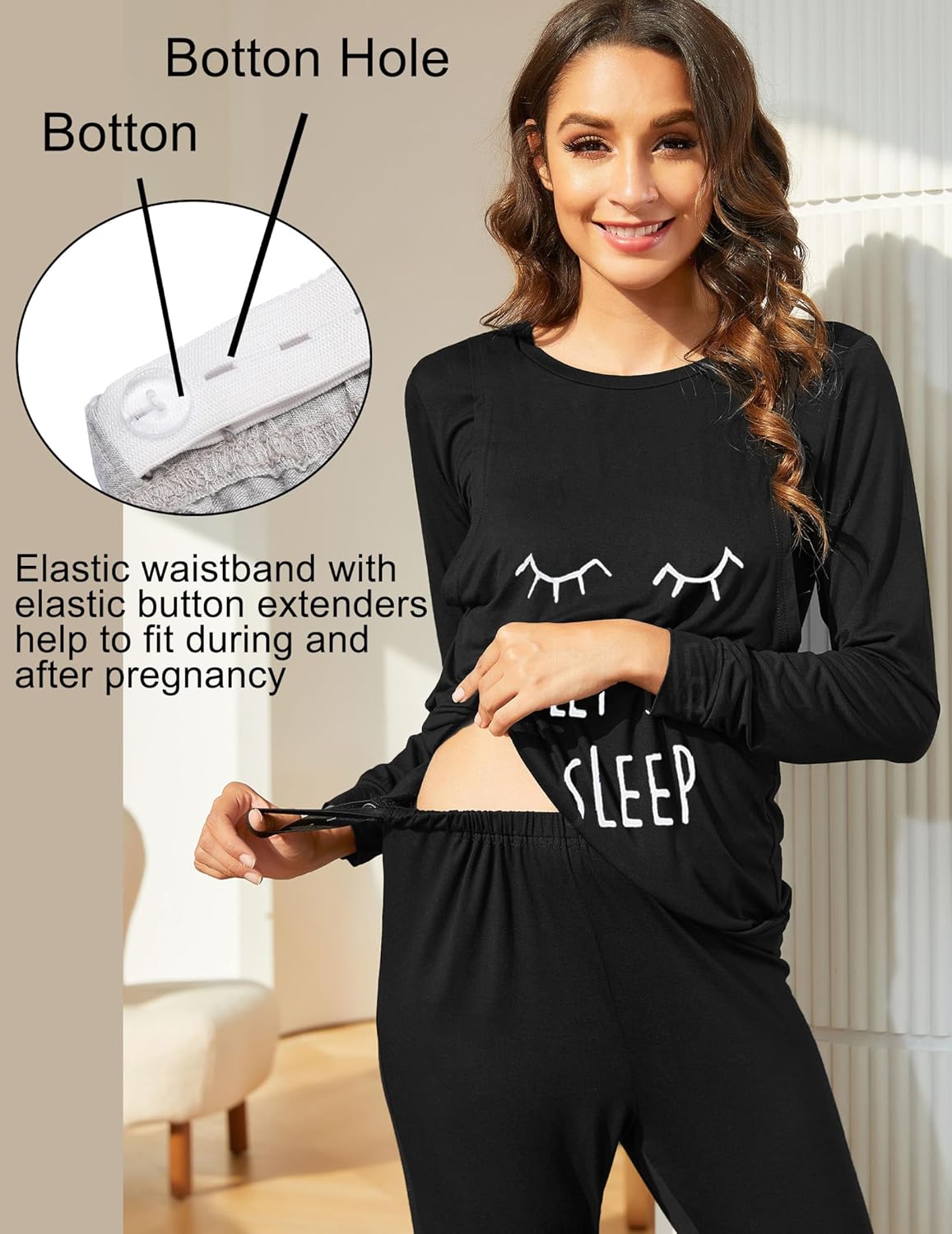 Maternity pajama set, black long-sleeve top and pants with "SLEEP" sleep-eye design