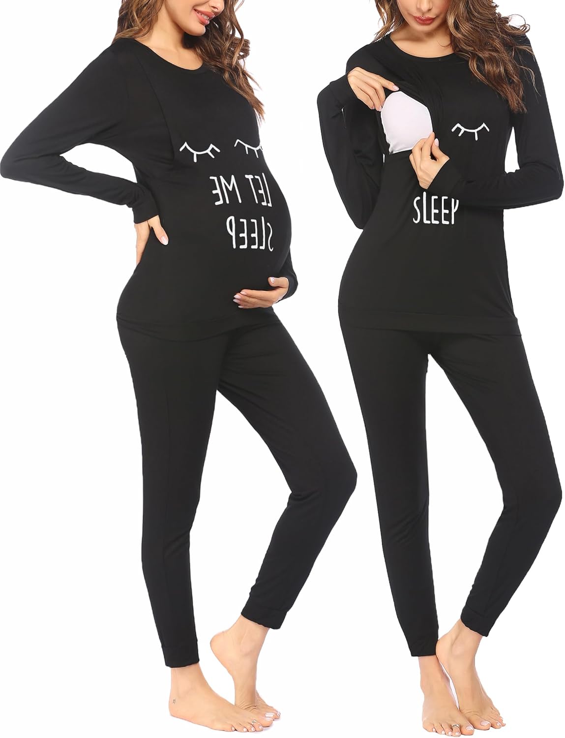 Maternity pajama set, black long-sleeve top and pants with sleep-eye graphic