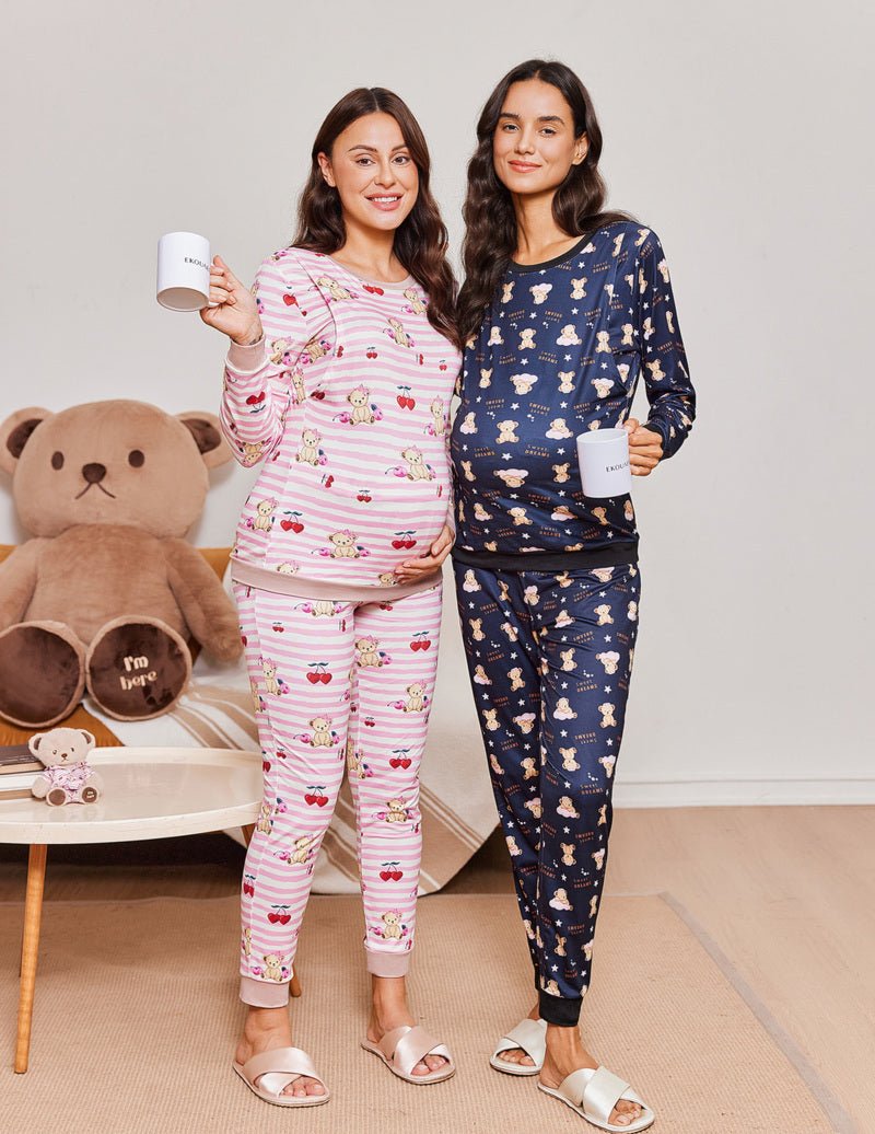 Maternity pajama set in light pink stripes with teddy motifs, long sleeves and joggers