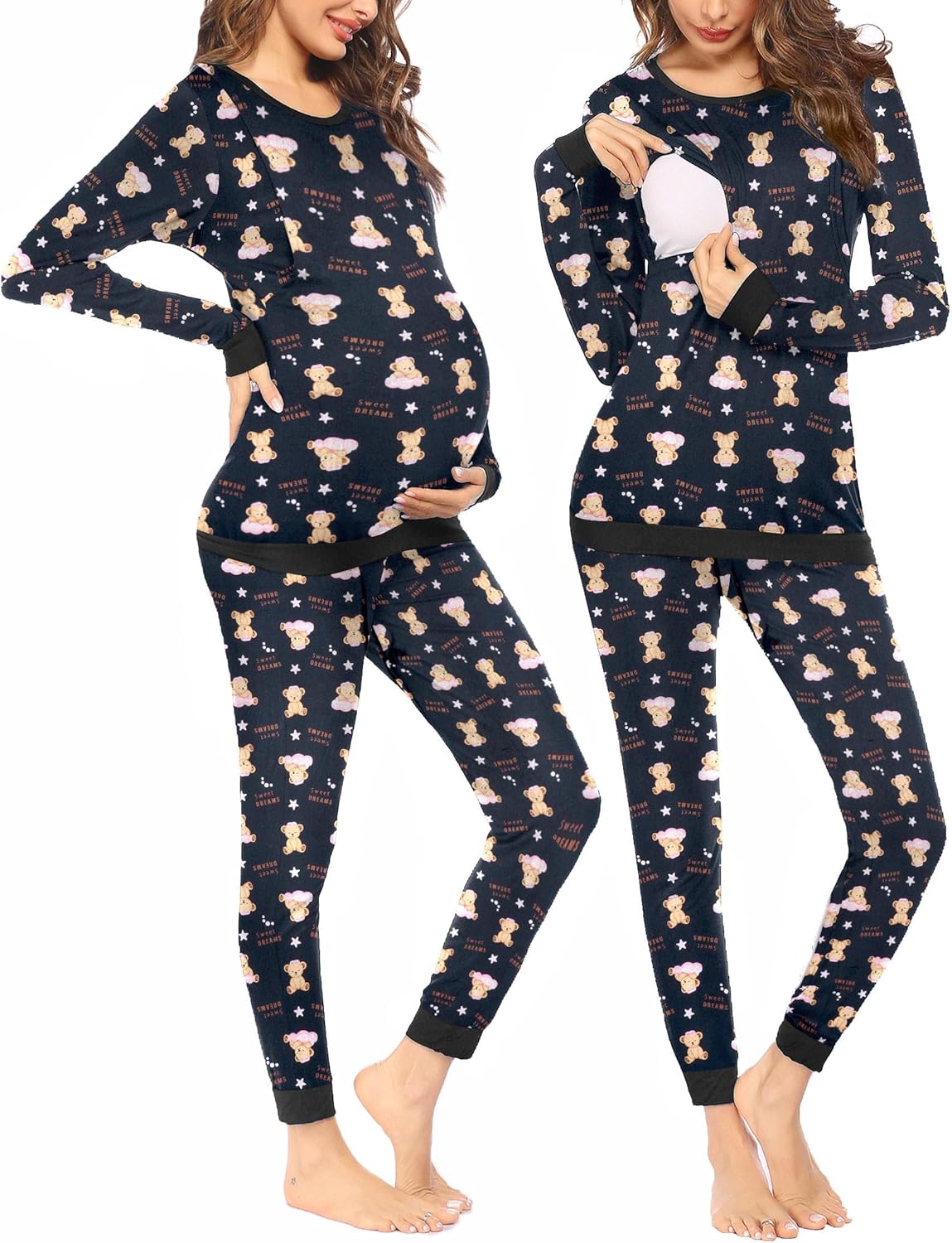 Maternity teddy pajama set in dark navy, long sleeves with teddy and star print