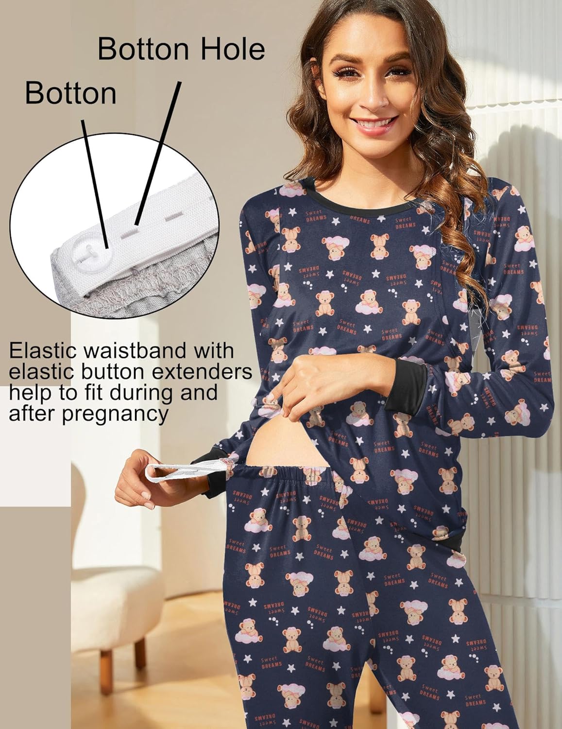 Maternity pajama set feature: elastic waistband with button extenders, dark navy teddy print
