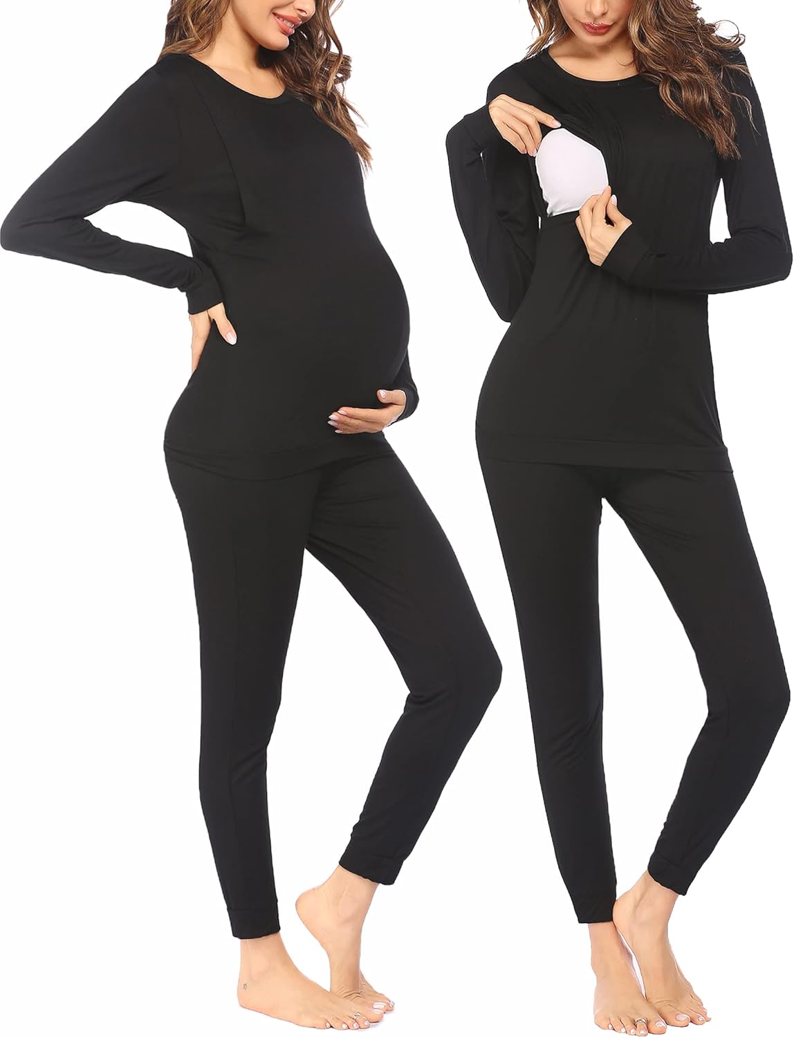 Black long-sleeve maternity pajama set with matching elastic-waist pants