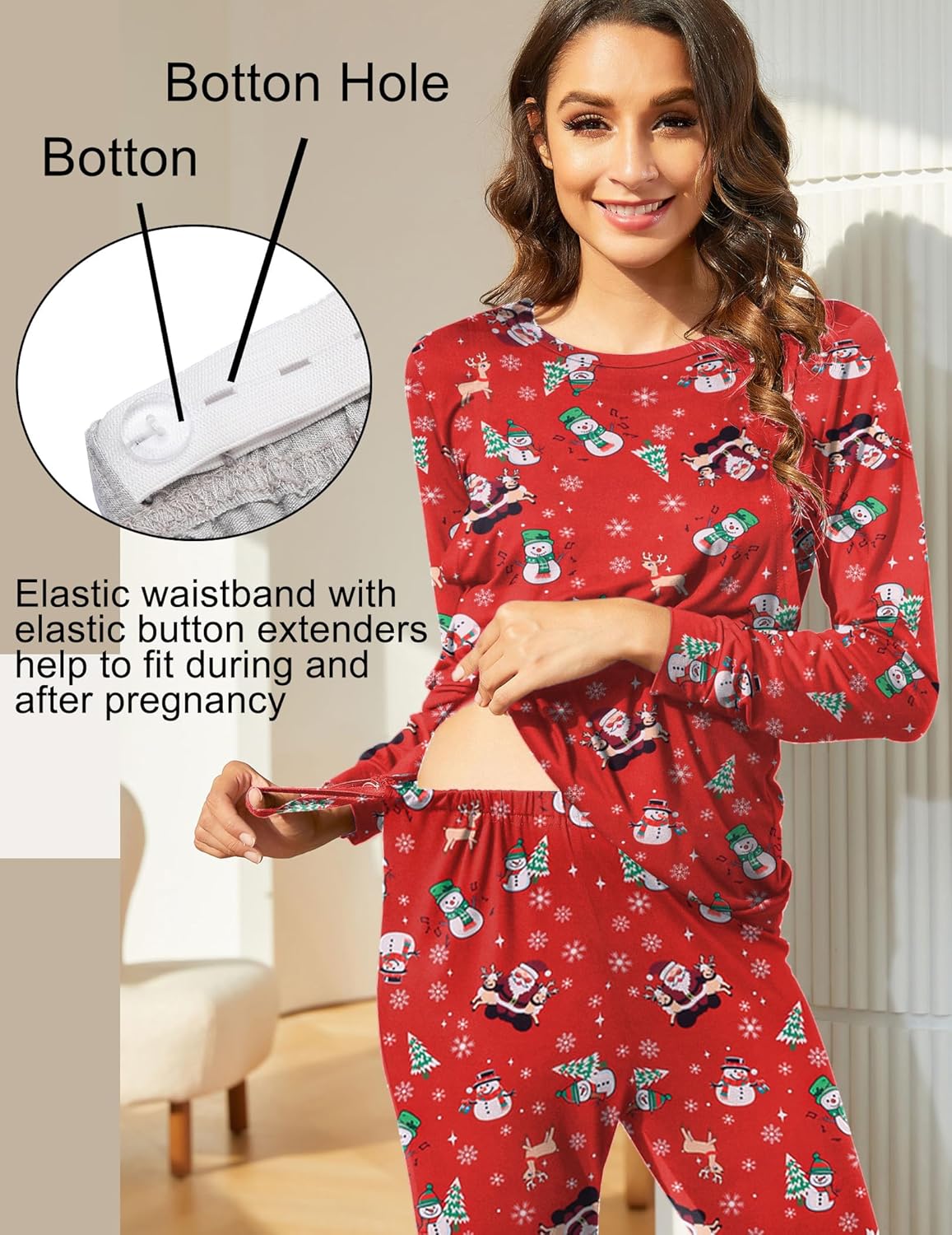 Maternity pajama set, red holiday print long-sleeve top with elastic waistband pants