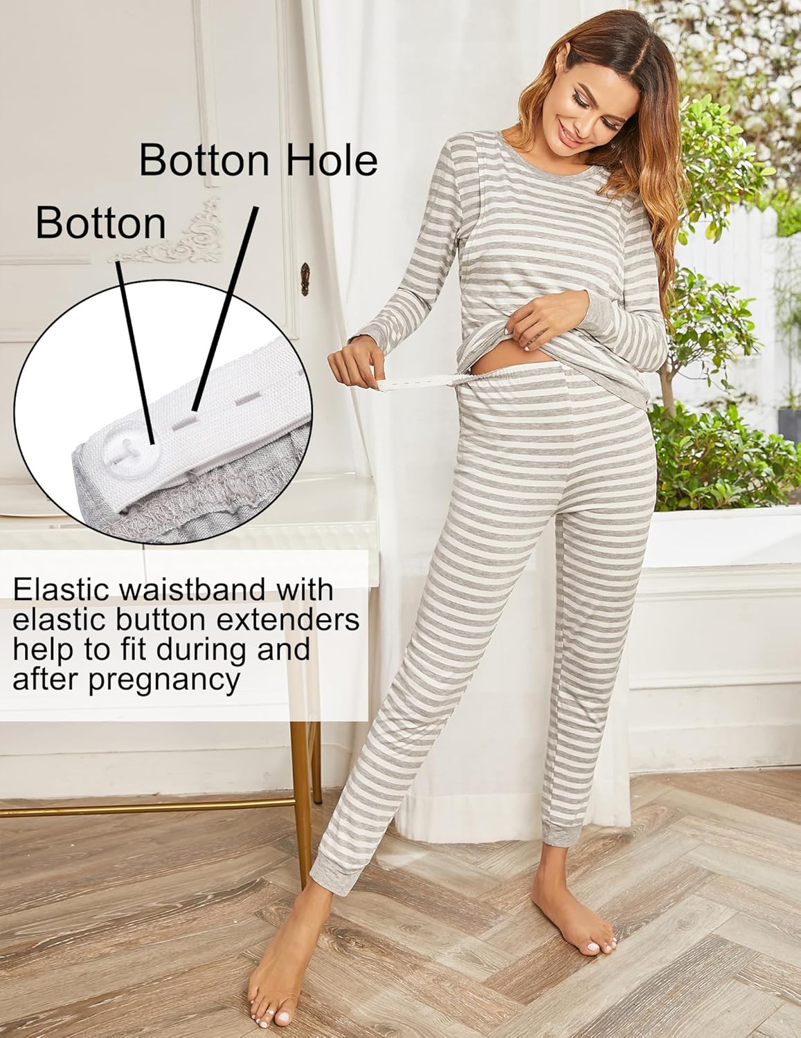 Maternity pajama set, light gray striped long-sleeve top with matching pants