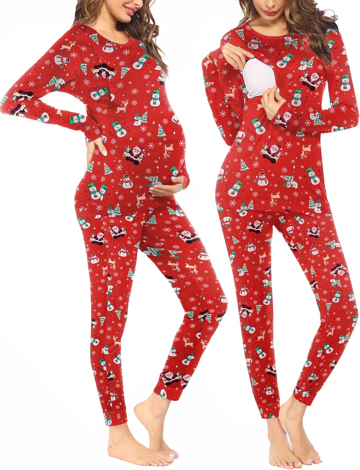 Maternity pajama set, red festive print long-sleeve top with matching fitted pants