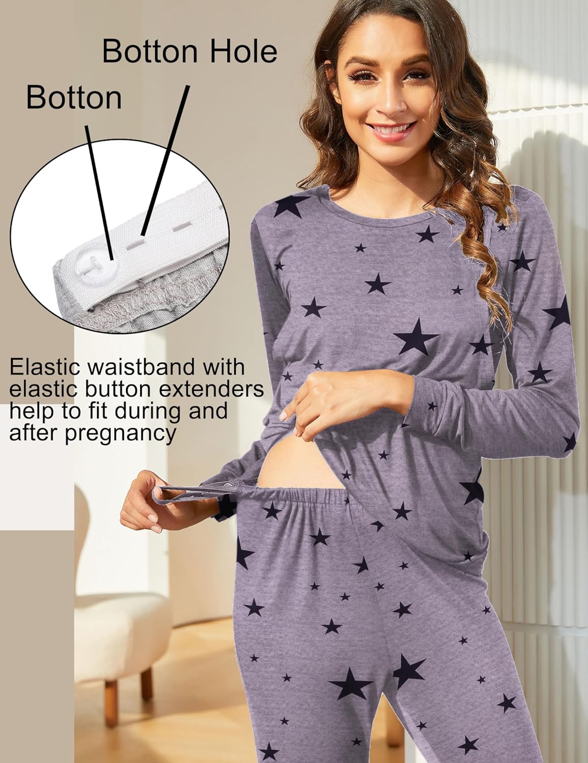 Heather gray star-print maternity pajama set with elastic waistband button extenders