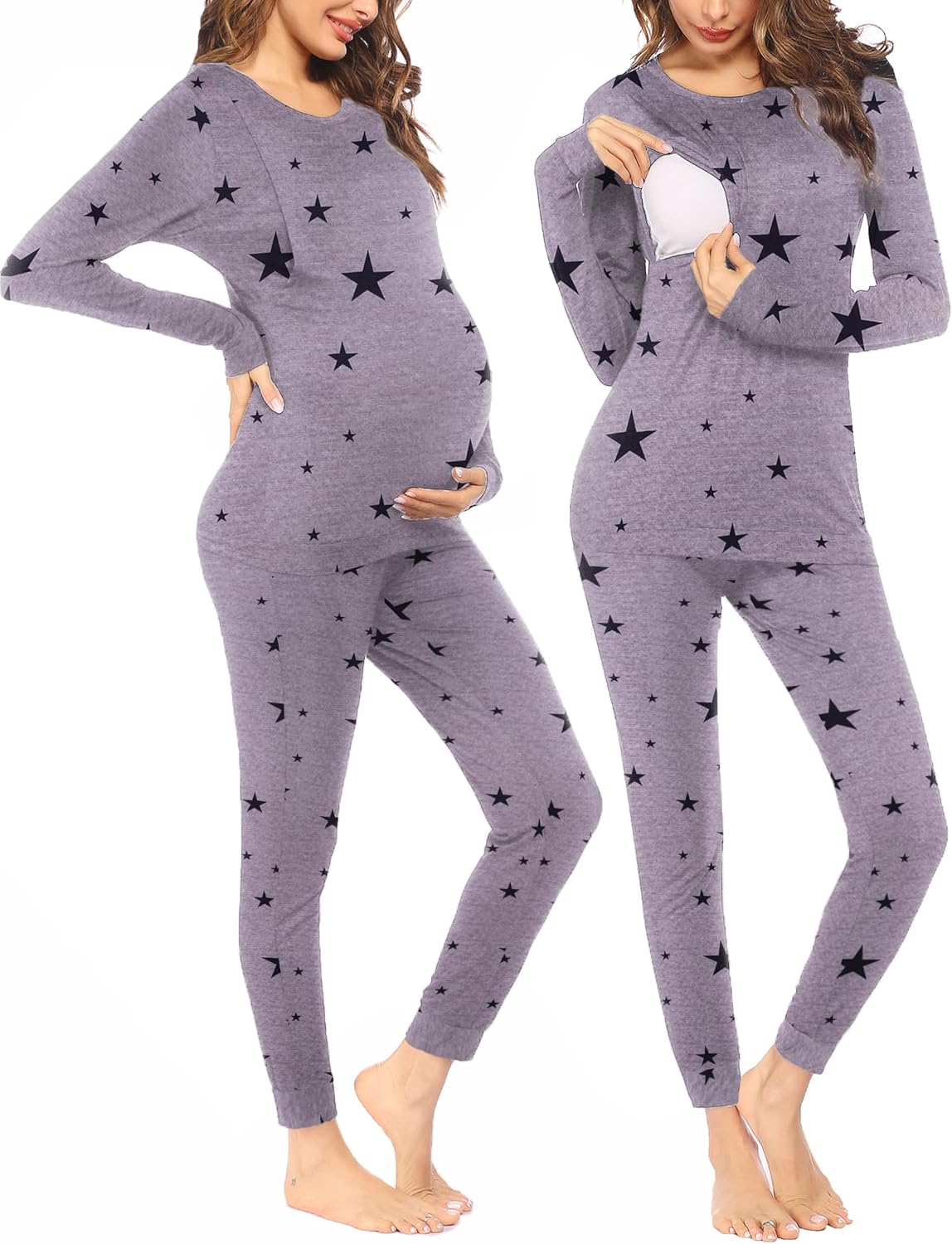 Heather gray maternity pajama set with dark star print, long sleeves and fitted pants