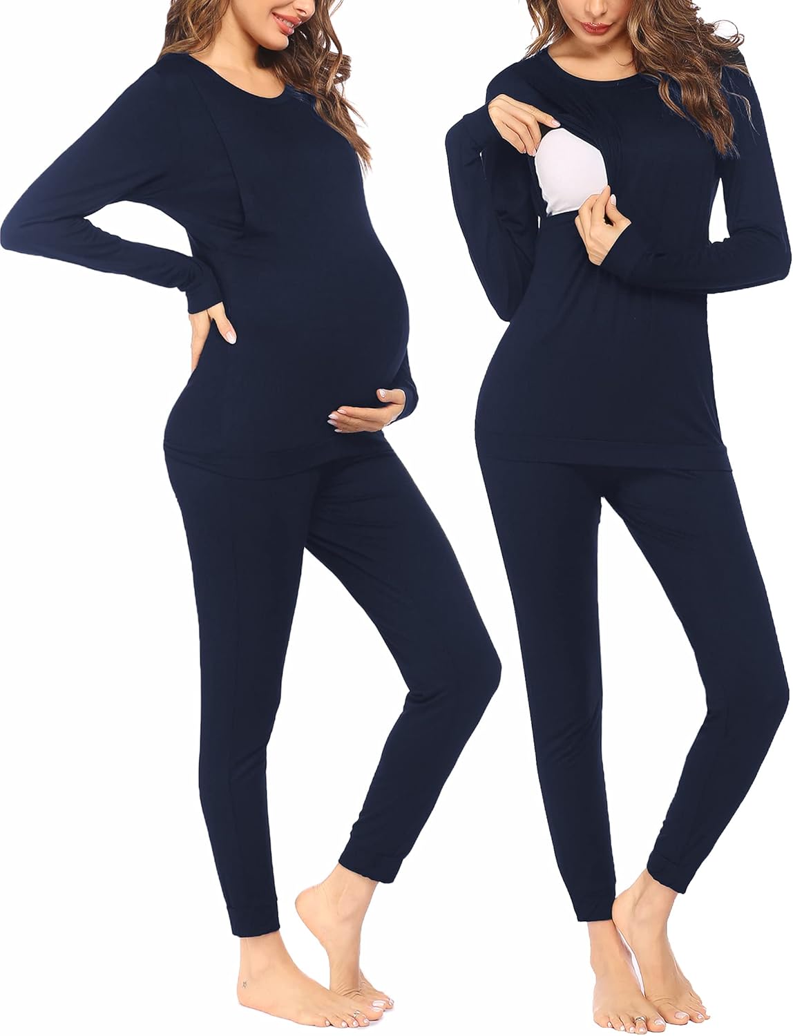 Navy long-sleeve maternity pajama set with matching elastic-waist pants