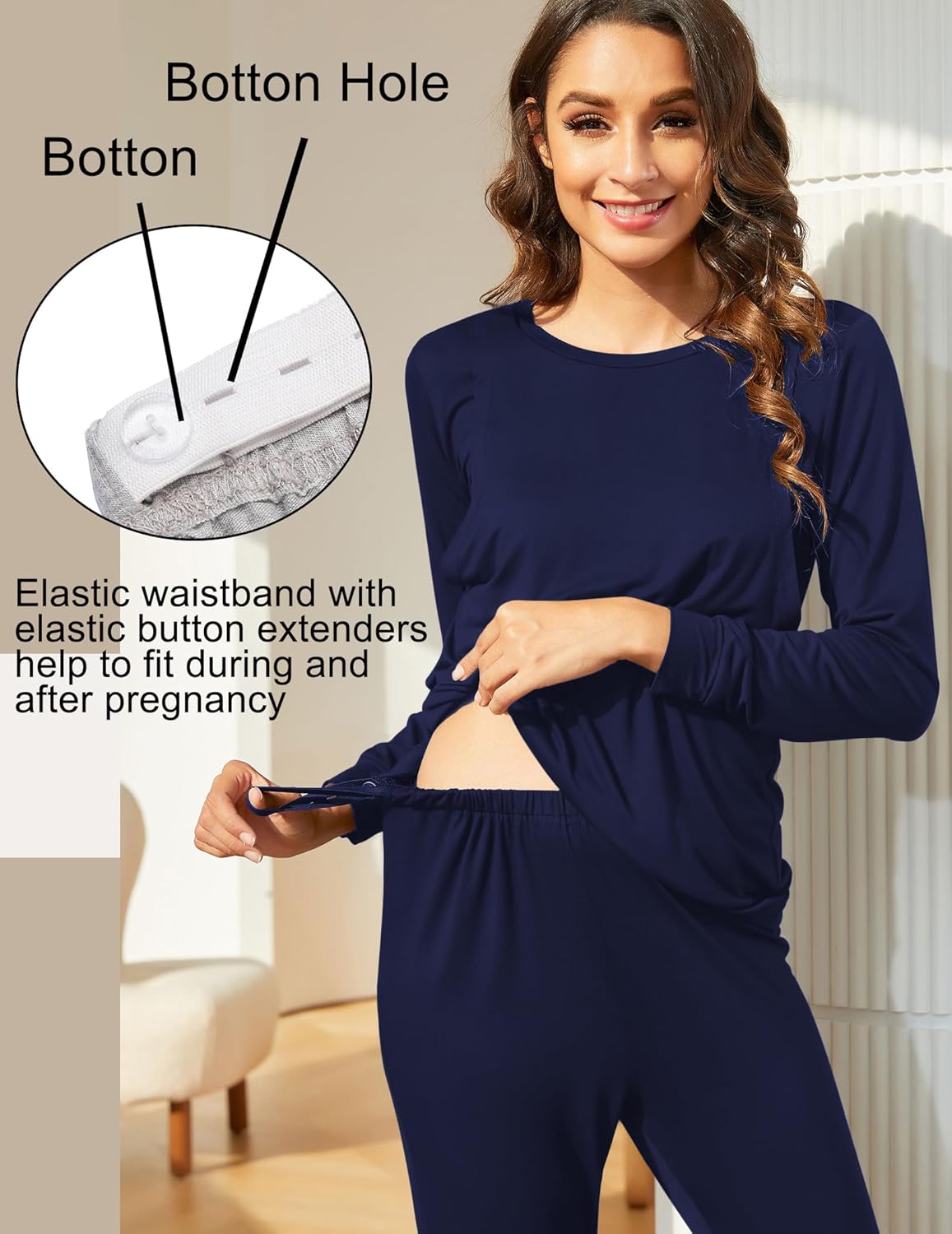 Navy maternity pajama set with elastic waistband and button extender detail