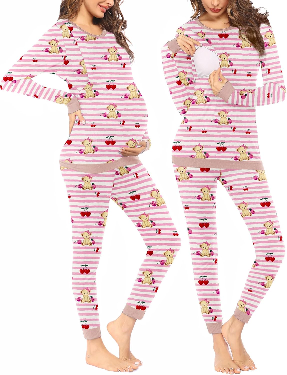 Maternity pajama set with pink-and-white striped long sleeves and teddy bear print pants