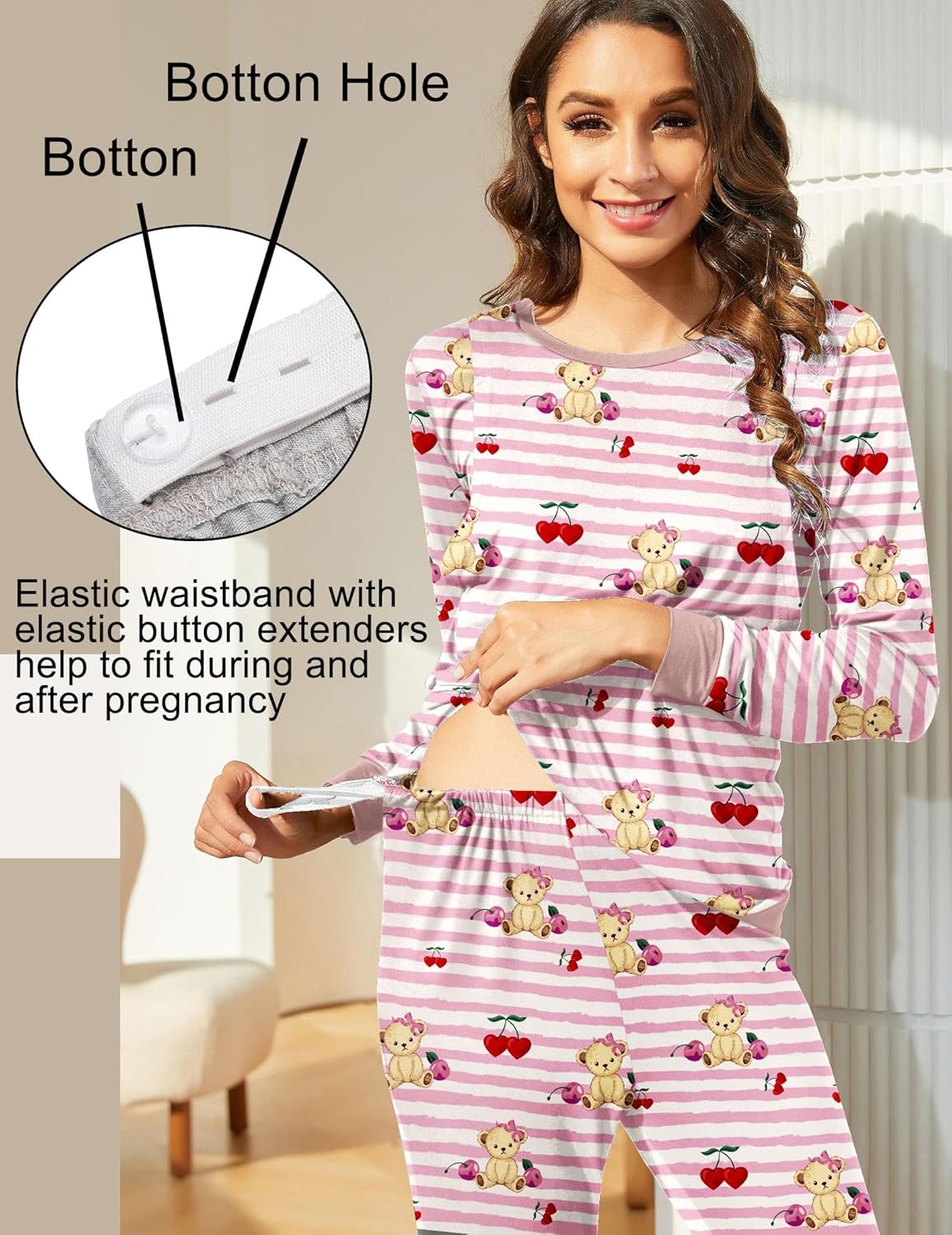 Pink striped teddy bear maternity pajama set with elastic waistband button extenders