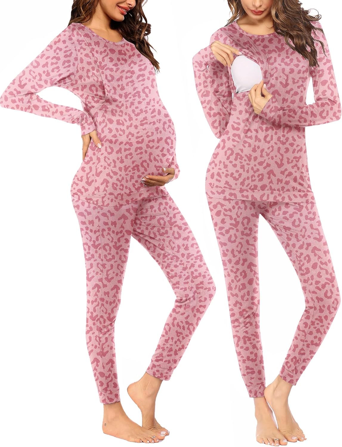 Pink leopard-print long-sleeve maternity pajama set with elastic-waist pants