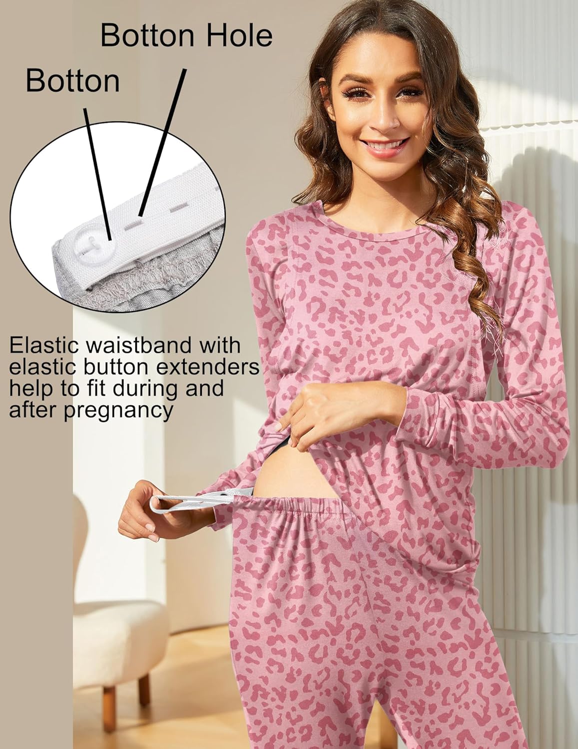 Pink leopard-print maternity pajama set with elastic waistband and button detail