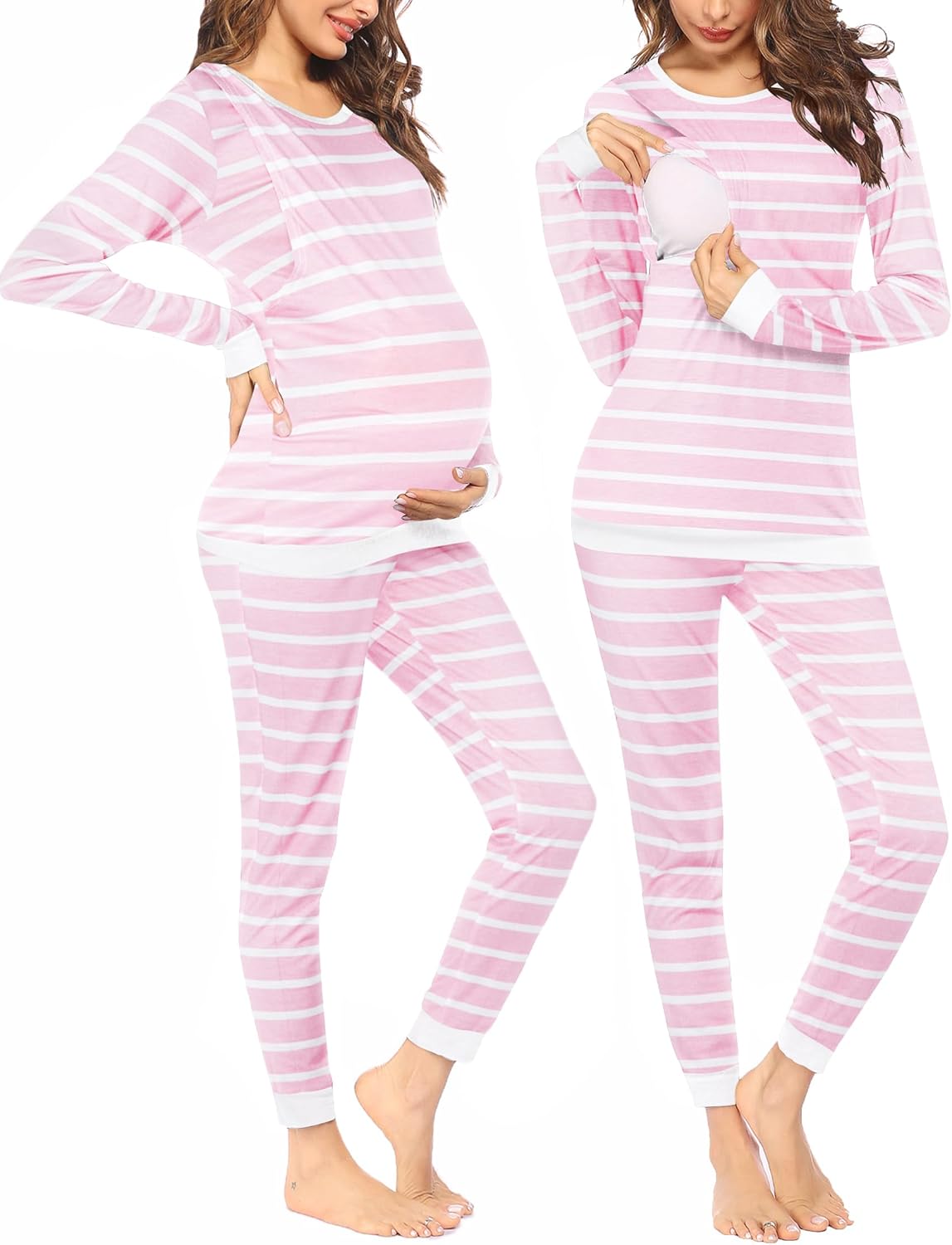 Pink-and-white striped maternity pajama set with long sleeves and long pants