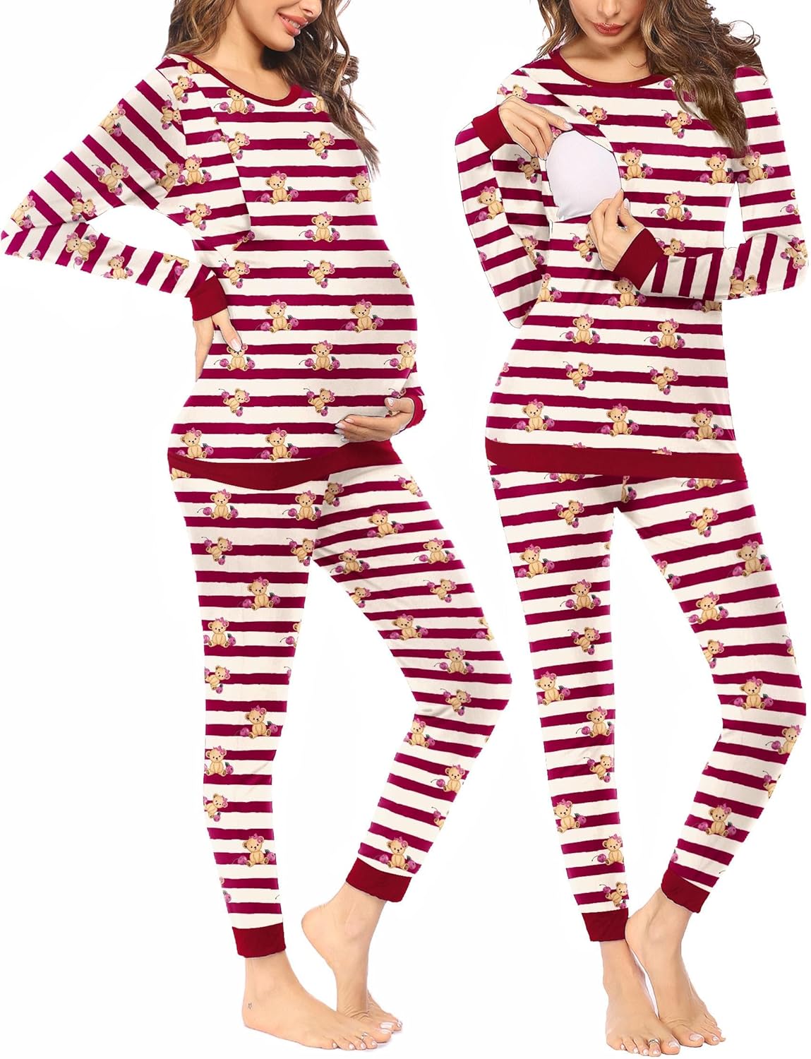 Maternity striped pajama set, long-sleeve top and matching jogger pants, teddy print