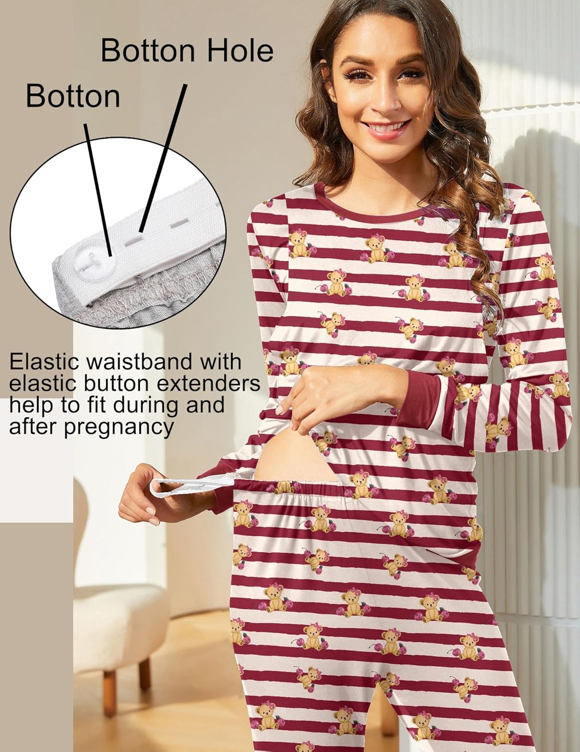 Maternity pajama set: elastic waistband with button extenders for comfort during pregnancy