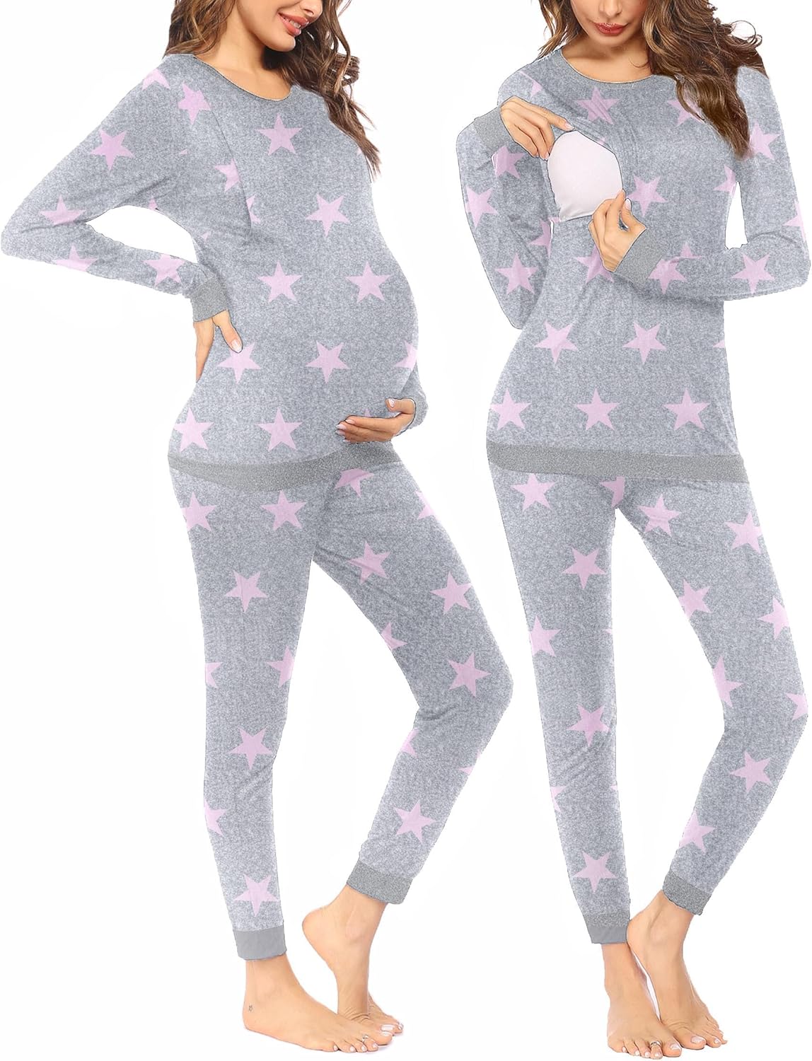 Maternity long-sleeve pajama set, heather gray with pink star print, full pants