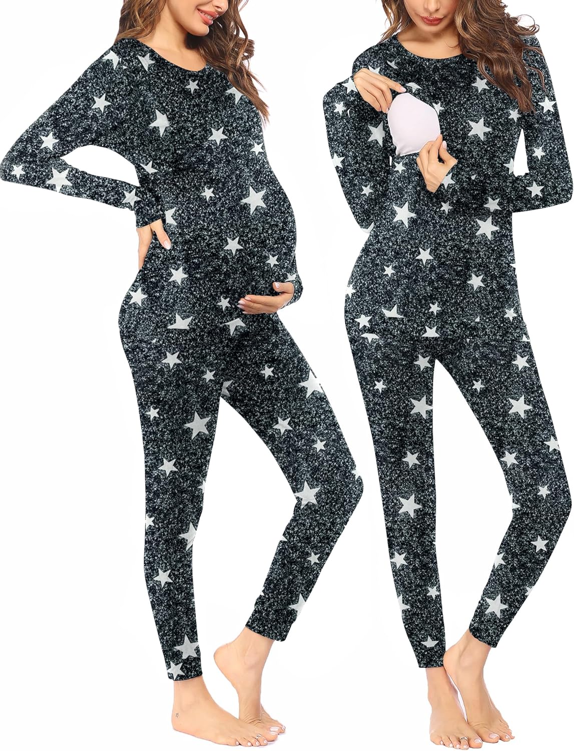 Maternity long-sleeve pajama set, dark fabric with white star pattern, full pants