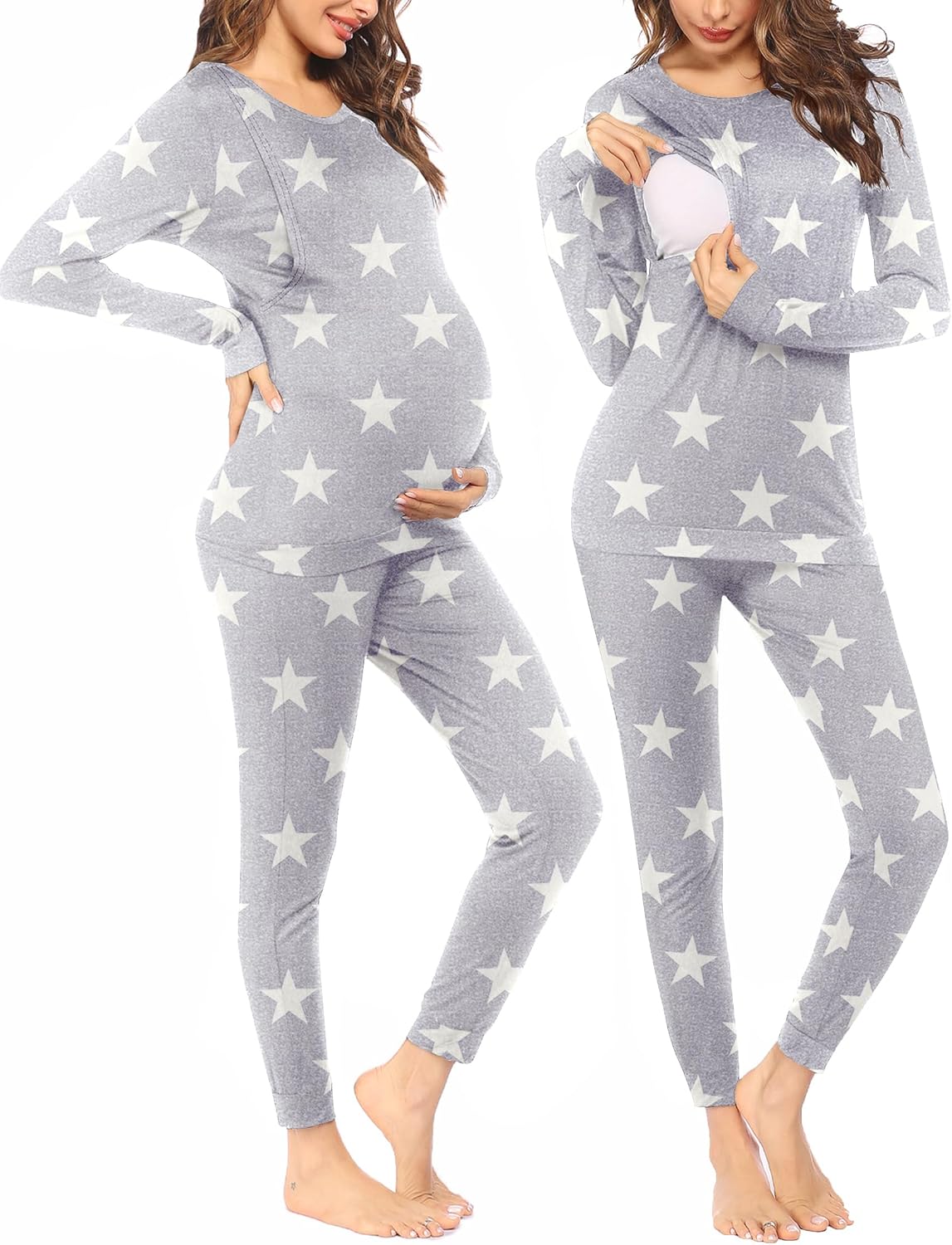Maternity pajama set in heather gray with white star print, long sleeves and jogger pants