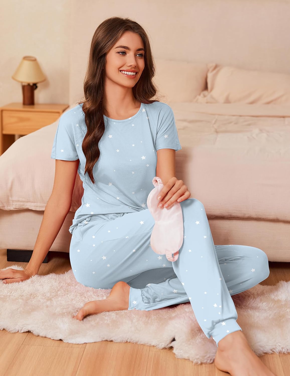 Light blue star pajama set, short-sleeve top with round neckline and matching lounge pants