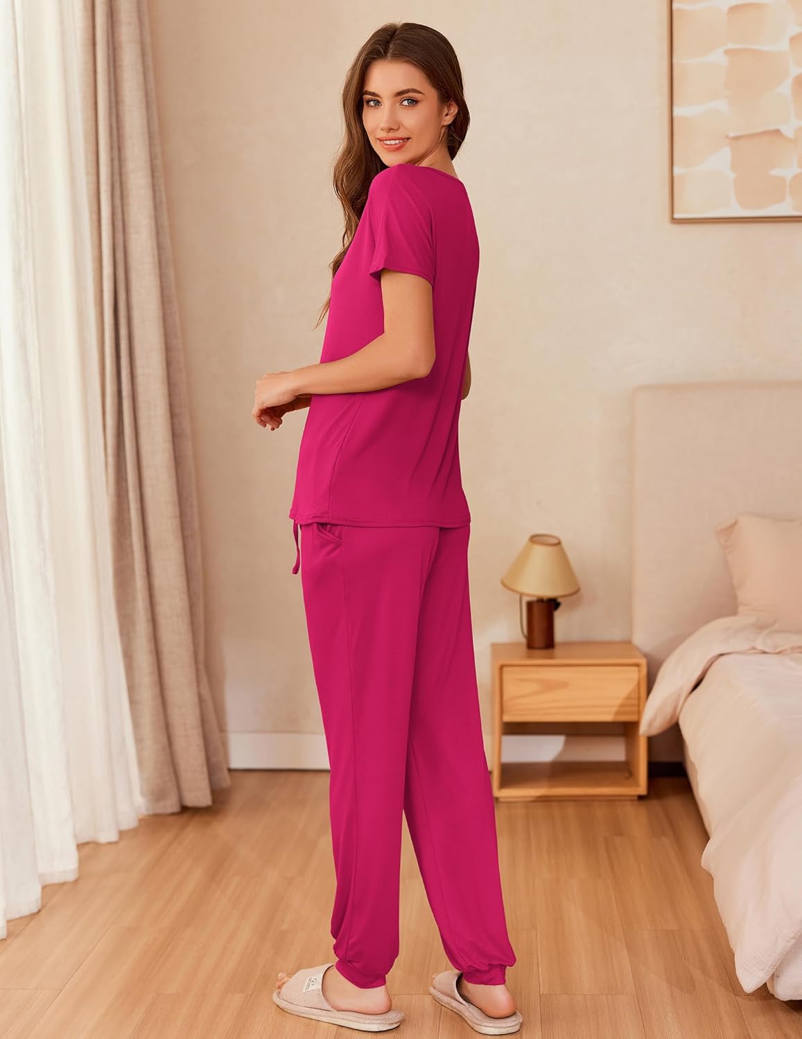 Hot pink solid short-sleeve pajama set with relaxed pants, side view