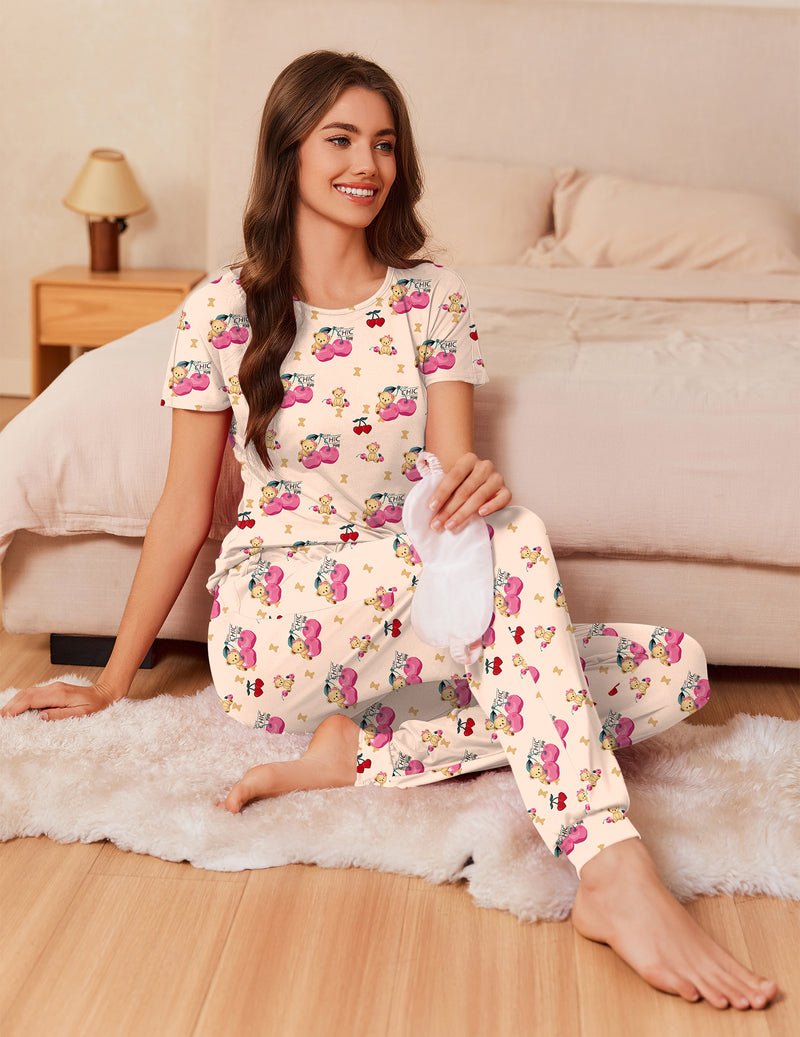 Pyjama-Set mit kurzärmligem Oberteil und langer Hose, hellbeige Teddybär-Prints