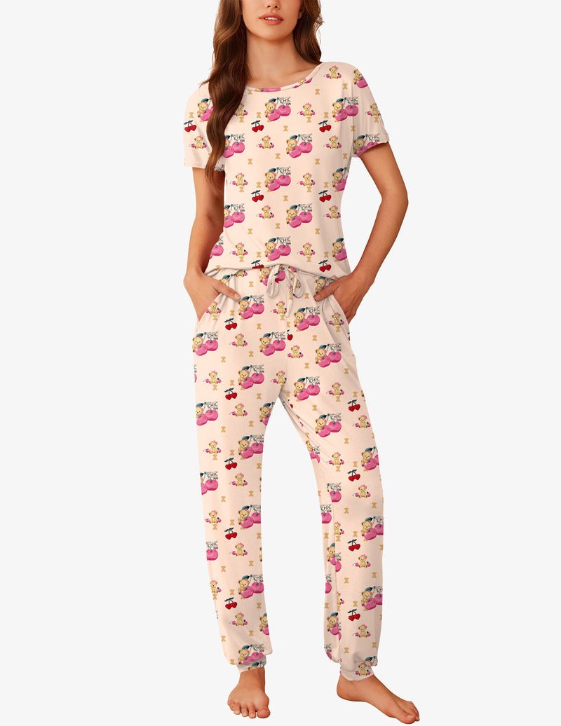 Teddybär-Shorts-Set mit kurzen Ärmeln, hellbeige Stoff mit bunten Teddybär-Motiven