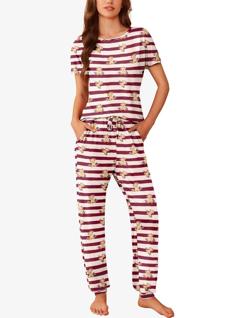 Teddybär-Shorts-Set mit kurzen Ärmeln, lila-weißen Streifen und Teddybär-Motiven
