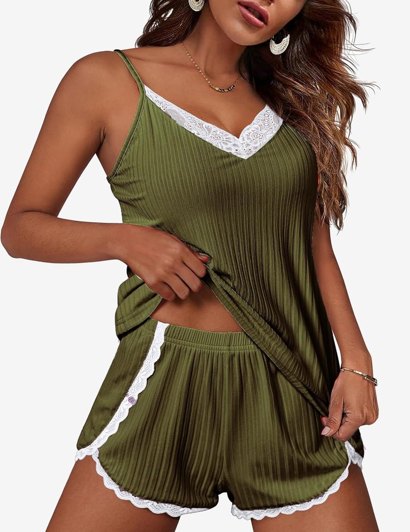 Two-piece pajama set in olive green: V-neck cami with lace trim and elastic shorts