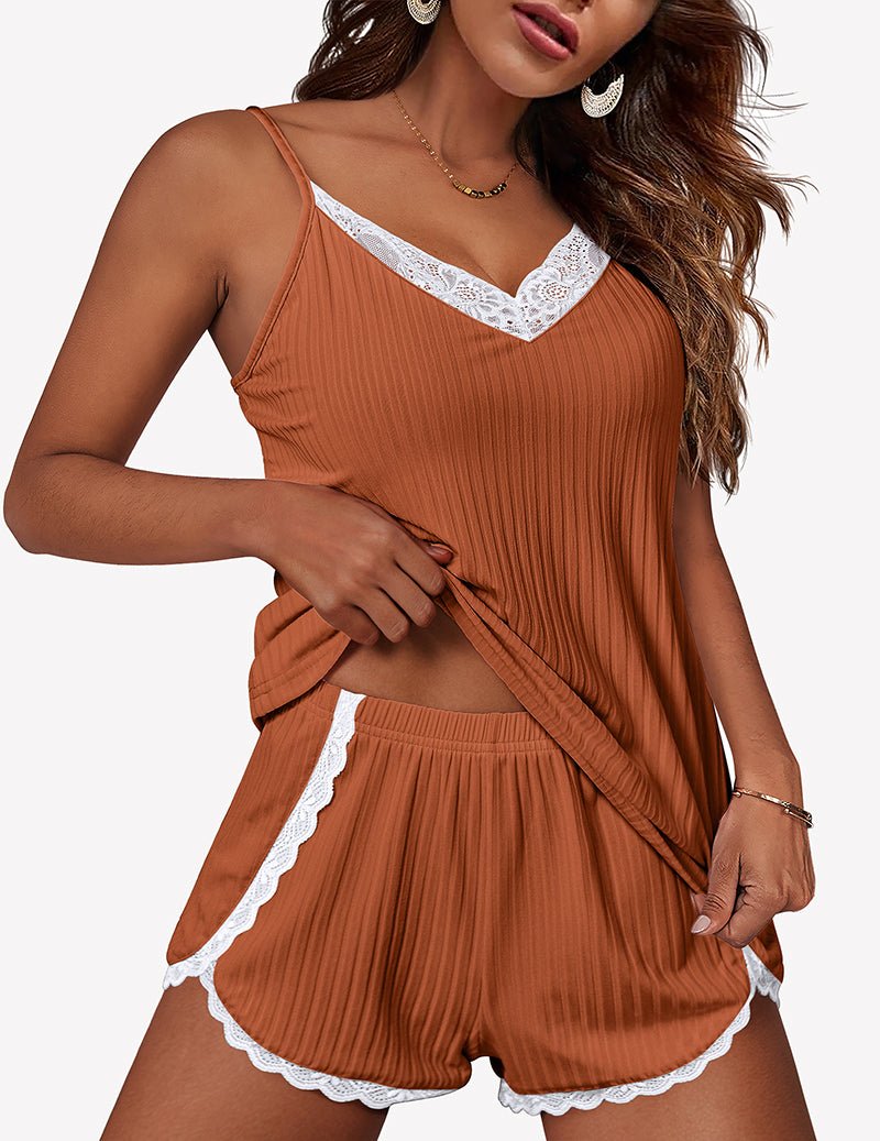 Teddy pajama set in caramel: rust-brown camisole with lace-trim shorts