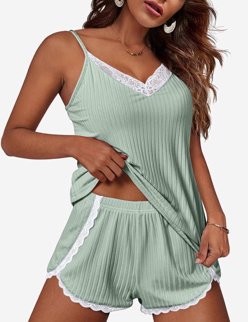 Mint green ribbed cami with lace V-neck and matching shorts, scalloped lace edges