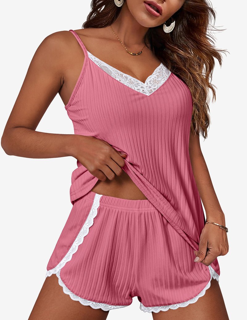 Pink ribbed cami and shorts set with white lace V-neck and scalloped lace trim