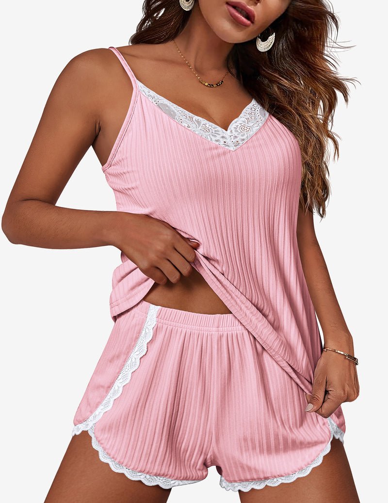 Pink ribbed cami and shorts set with white lace V-neck and scalloped lace hems