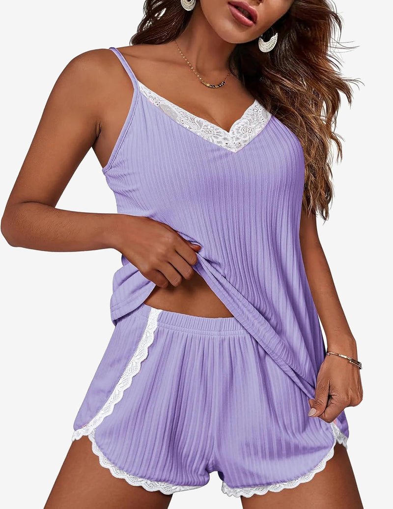 Two-piece pajama set in lavender: V-neck cami and ruffled shorts with lace neckline