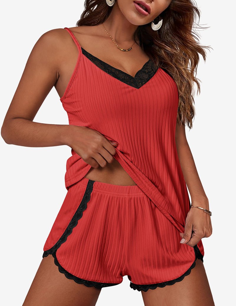 Coral red ribbed cami and shorts set with black lace V-neck and scalloped black trim