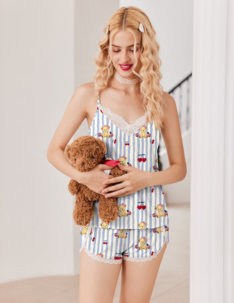 Blue striped teddy cami and shorts set with lace neckline and matching lace trim edges