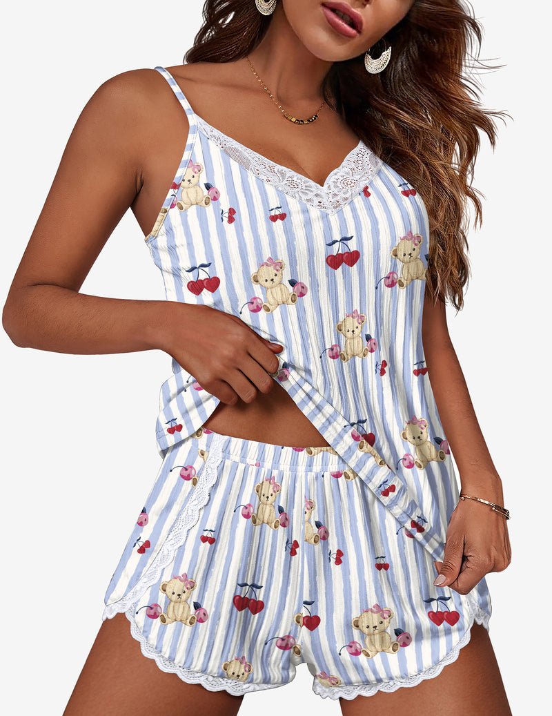 Blue striped teddy cami and shorts pajama set with lace trim and scalloped hem