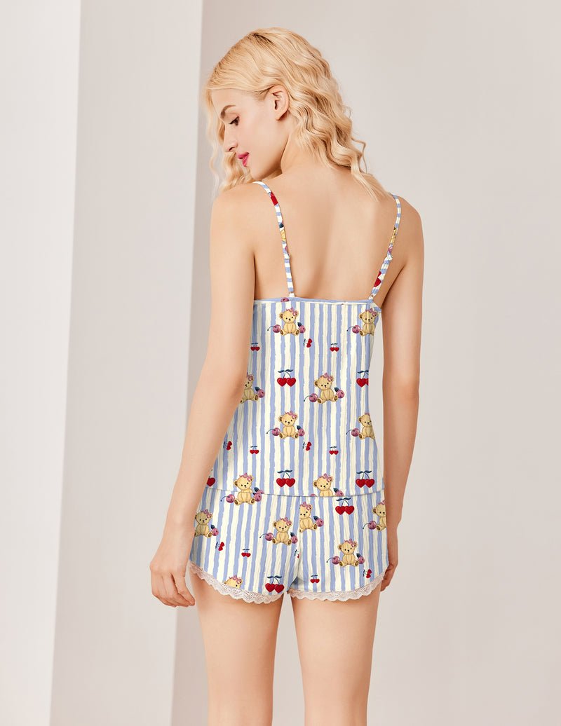 Back view blue striped teddy cami and shorts set with lace-trim neckline