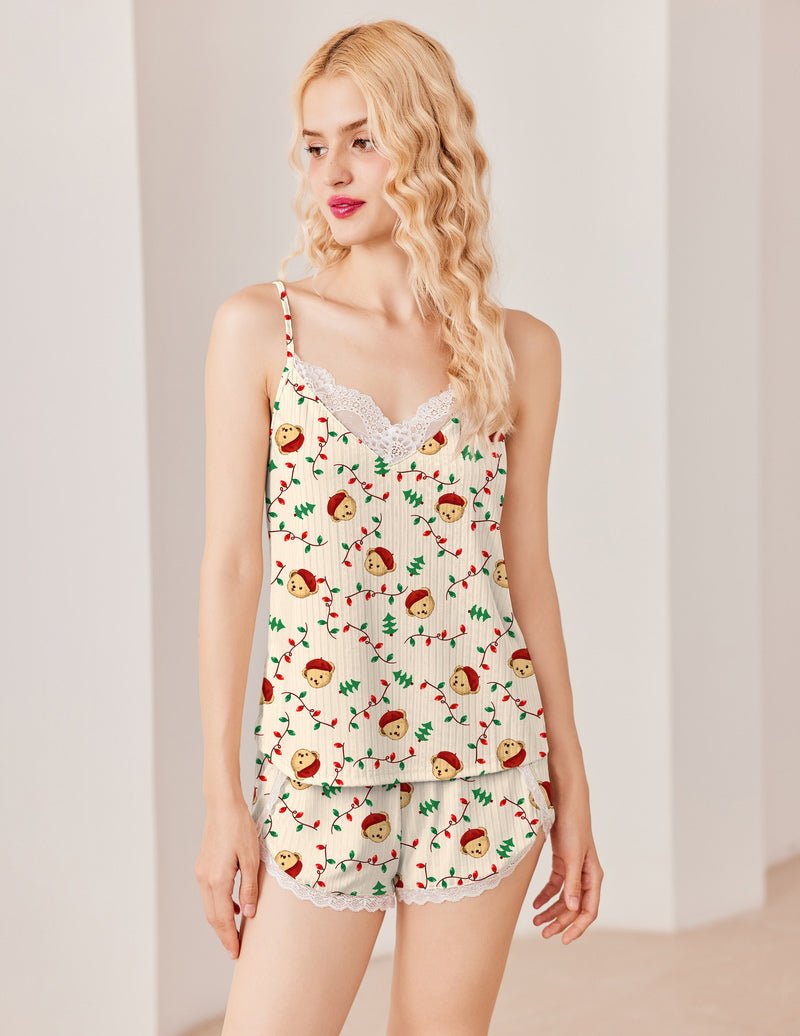Ekouaer teddy pajama set: cami and shorts with white teddy-print, lace trim and ruffles