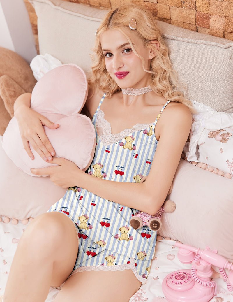 Blue striped teddy pajama cami and shorts with white lace trim and ruffled waist