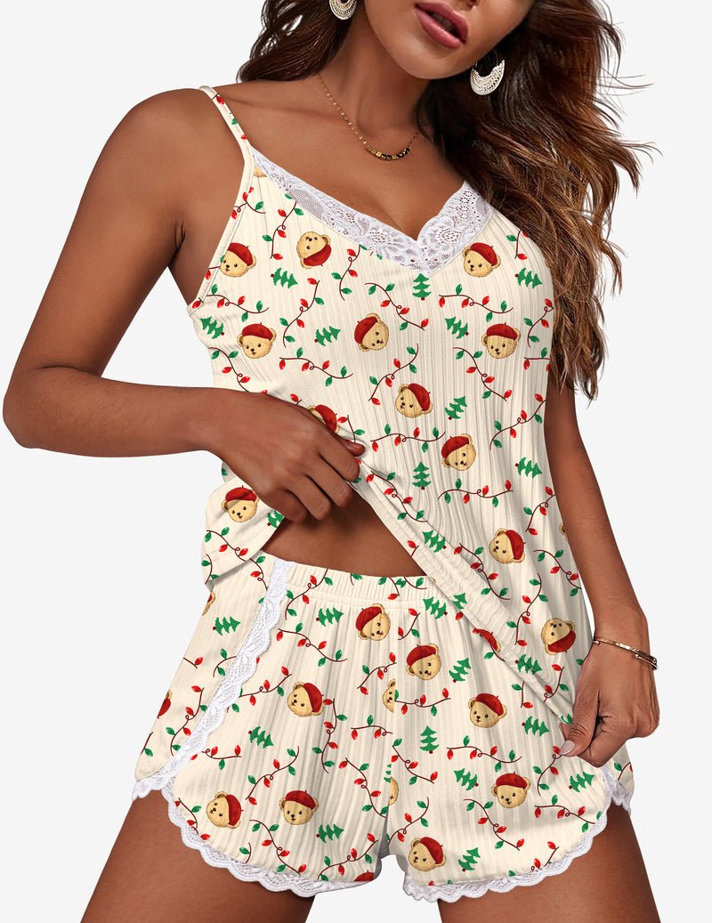 Two-piece cami and shorts pajama set with teddy bear print, scalloped lace neckline
