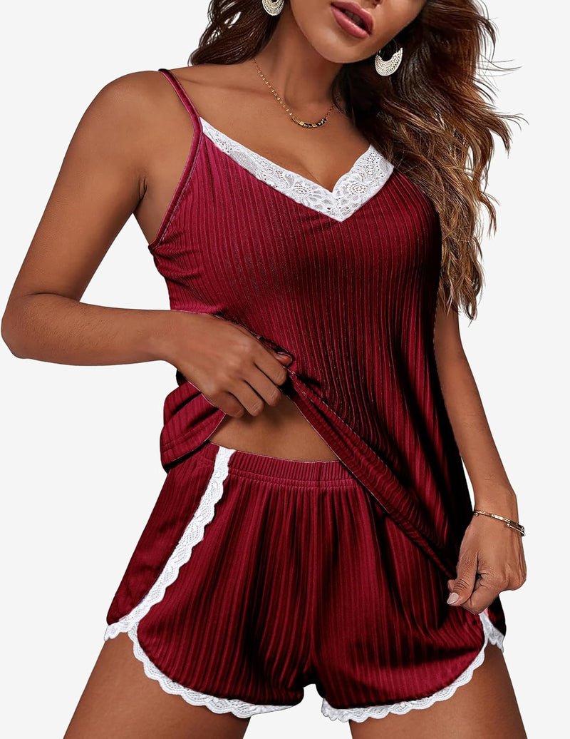 Two-piece pajama set in dark red: V-neck cami with white lace trim and ruffled shorts