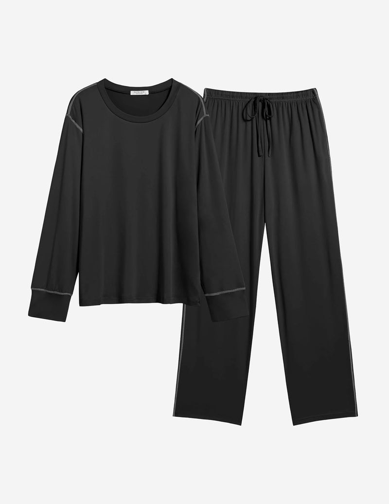 2-piece lounge pajama set in black solid color with drawstring waist, long sleeves