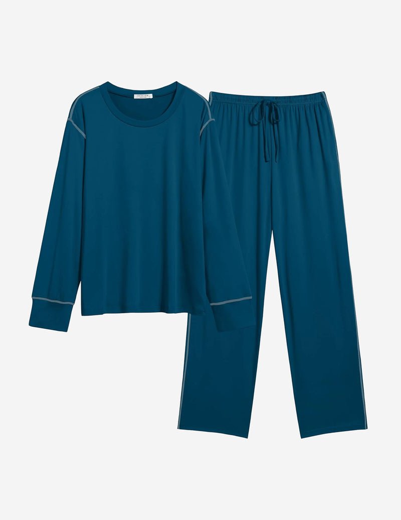 2-piece lounge pajama set in teal/green solid color with drawstring waist, long sleeves