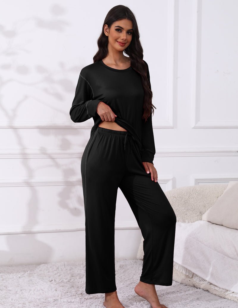 Teddy pajama set, black long-sleeve top with cropped waist, long wide pants