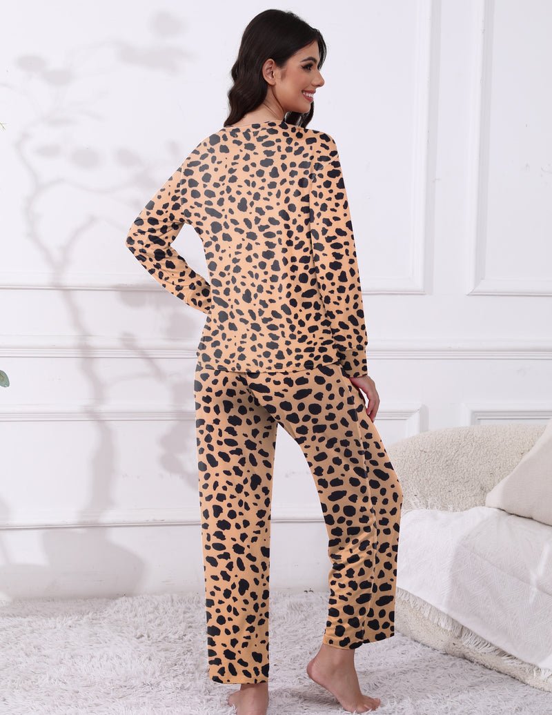 Teddy pajama set, leopard print, long-sleeve top and long pants
