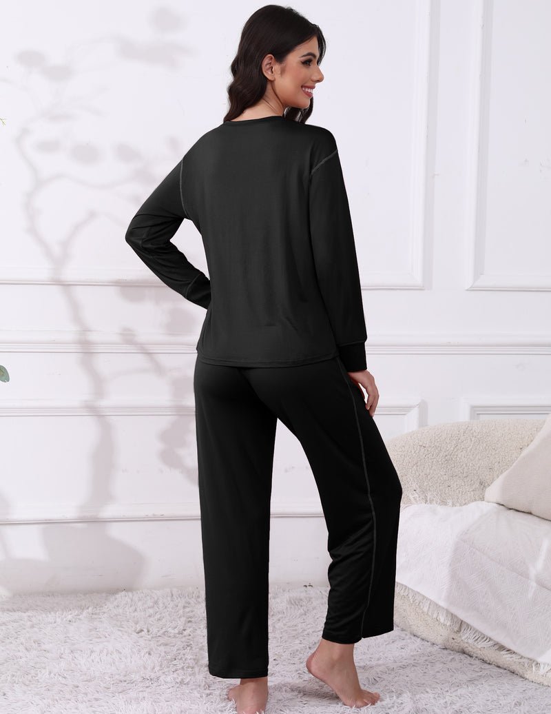 Black 2-piece lounge set, long-sleeve top and long pants, back view