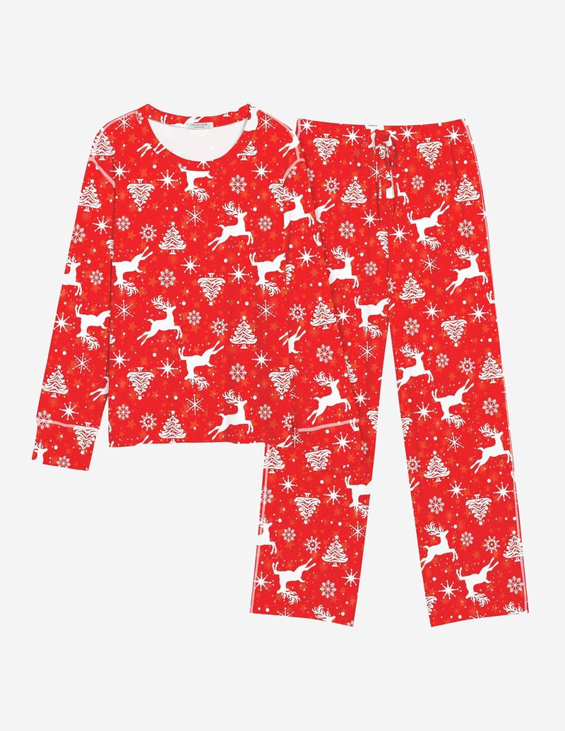 2-piece Christmas pajama set in red with reindeer and snowflake print, long sleeves