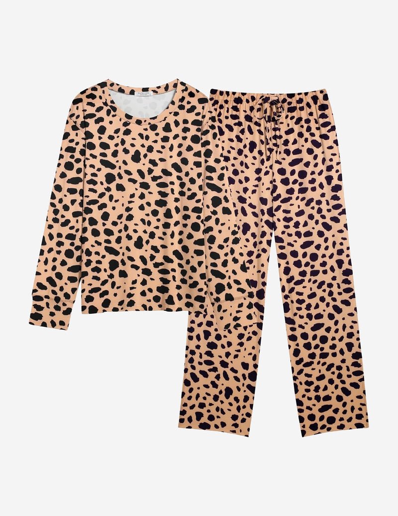 2-piece pajama set in tan leopard print with long sleeves and drawstring pants